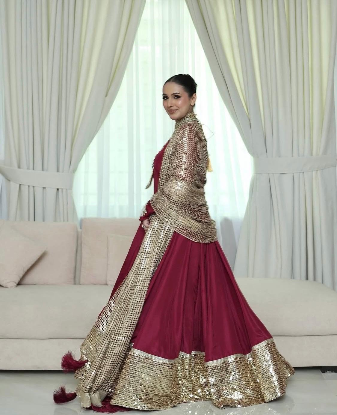 Red Floral Embroidered Pakistani Gown | Sequined Dupatta