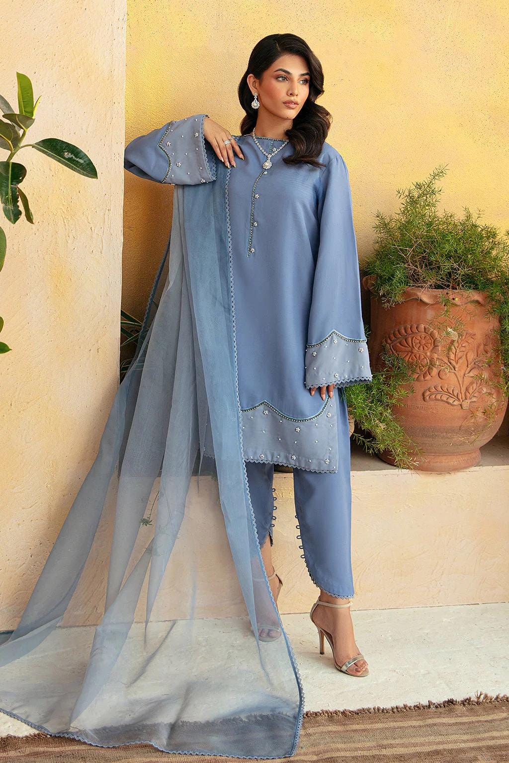 Sky Blue Silk Shalwar Kameez, 3pc Indian Outfit, pakistani basic wear 3pc dress