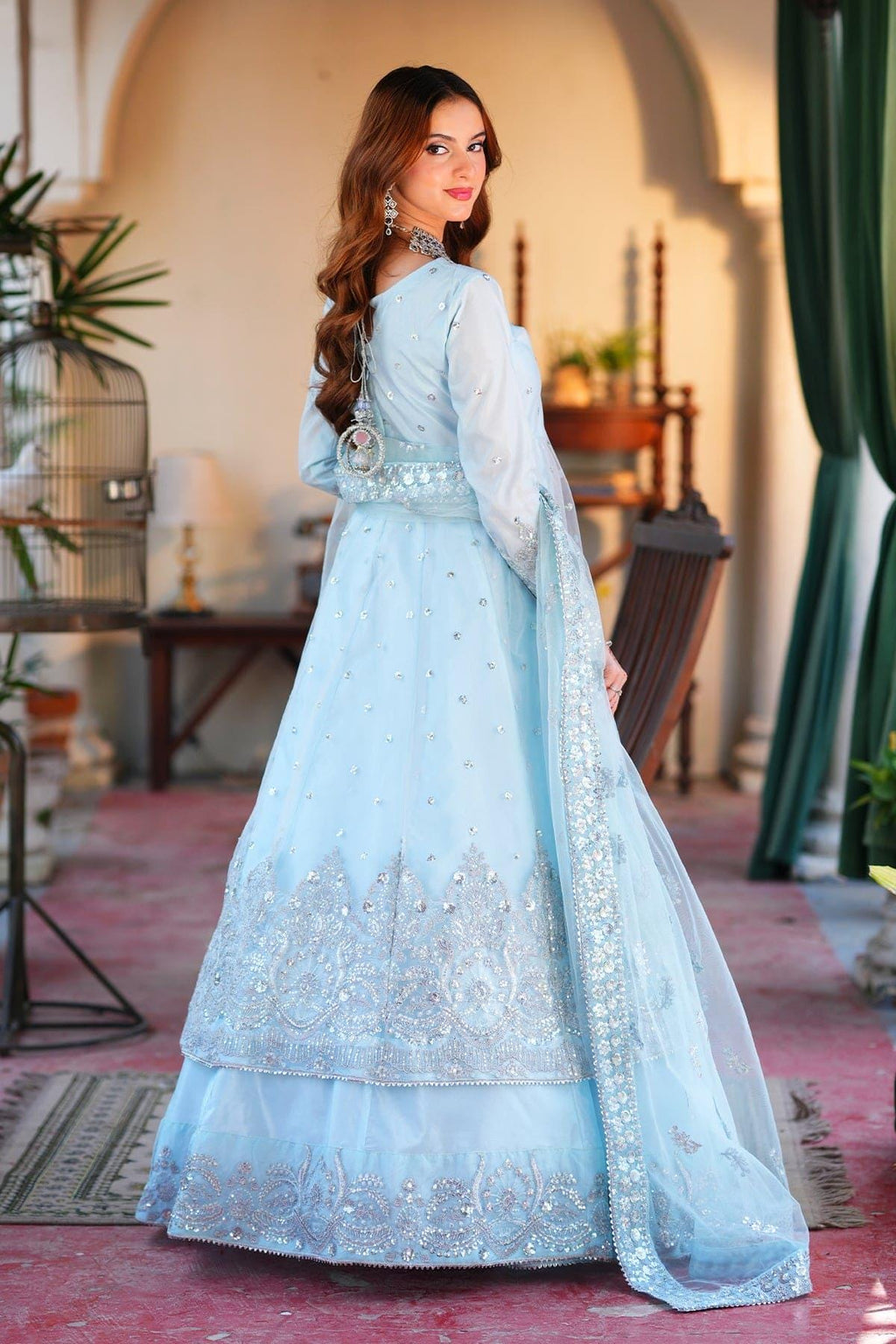 Embroidered Net Frock, Sky Blue Pakistani Maxi Dress, Lengha India