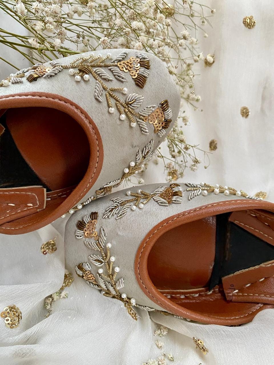 Grey Dupion Silk Bridal Jutti, Gold Dabka Mirror Work, Indian Flats