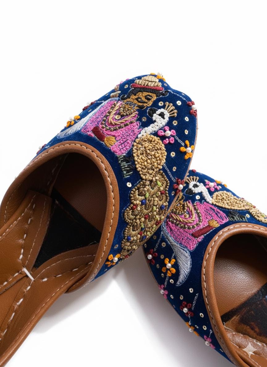 Handmade Muglai Blue Velvet Jutti Flats, Indian Wedding Shoes
