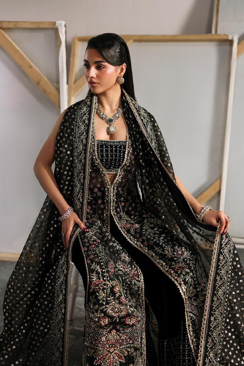 Embroidered Black Organza Pakistani Dress, Velvet Trouser 3pc Suit