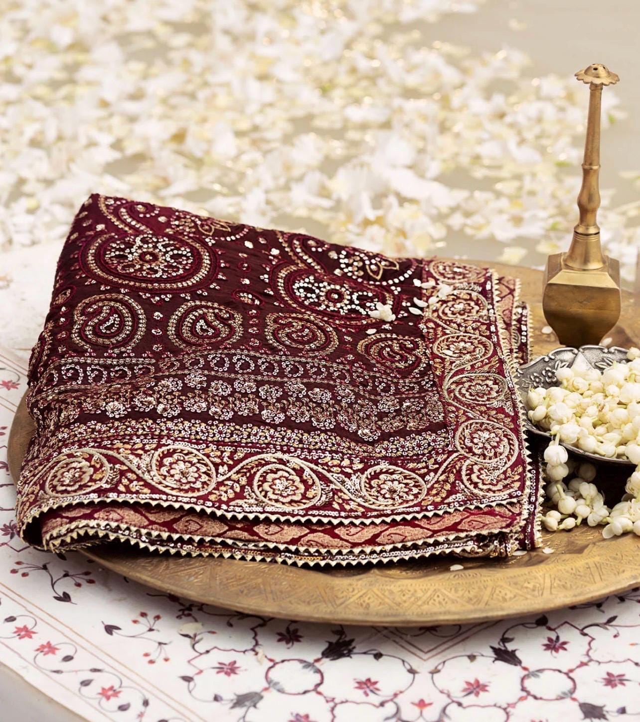 Maroon Kamdani Bridal Dupatta: Pakistani Gold Shawl