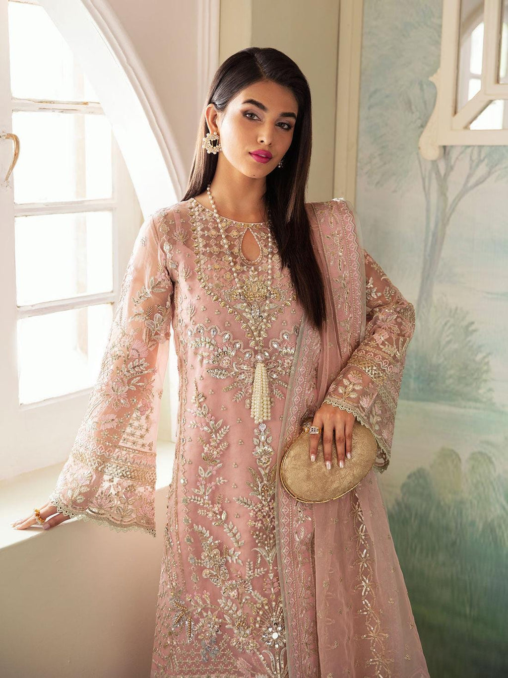 Blush Pink Embroidered Organza Pakistani Dress, Indian Wedding Guest Wear