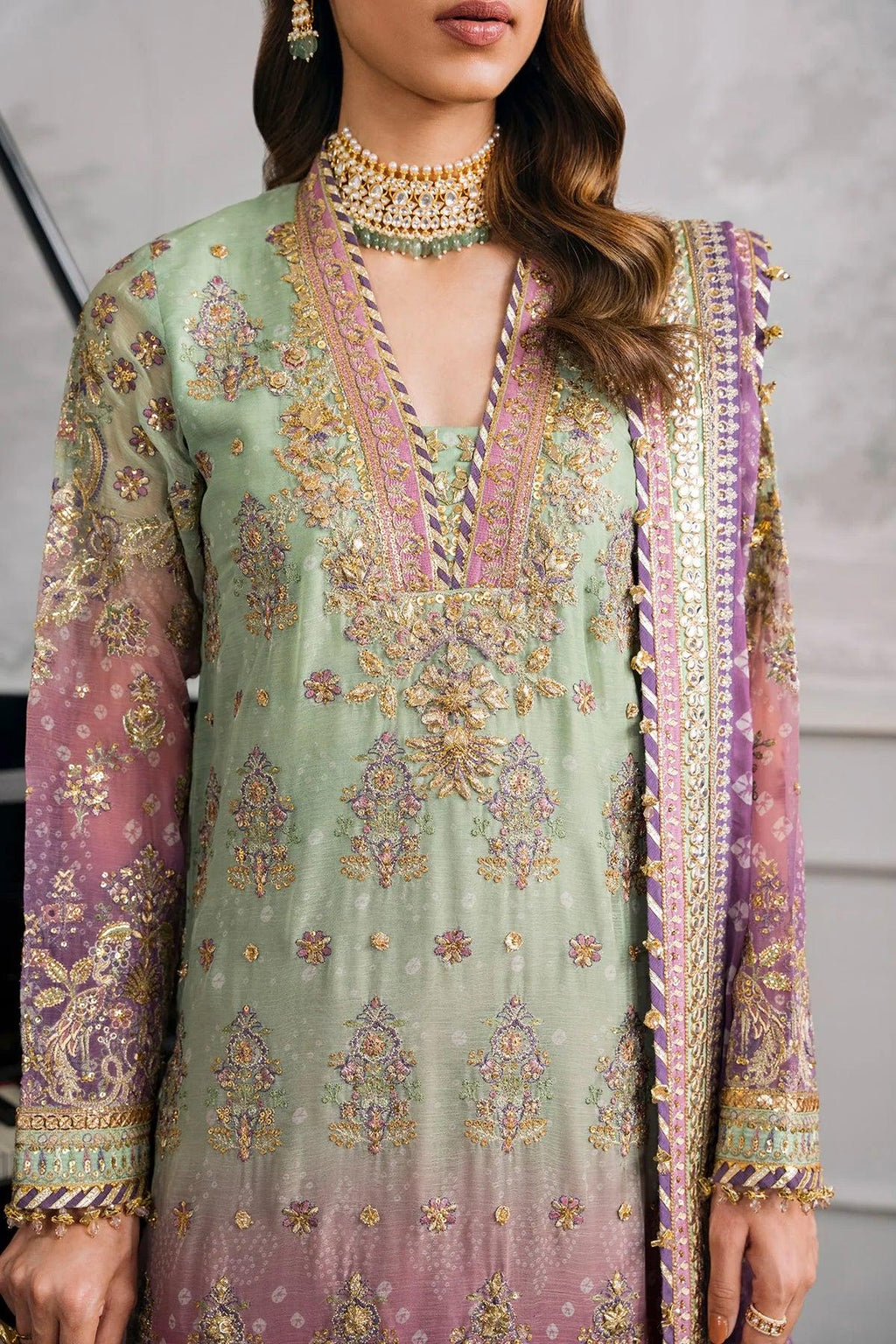 Embroidered Chiffon Silk Suit: Mint Green Pakistani Wedding Dress