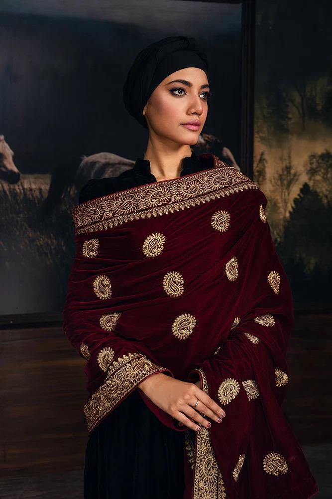 Zari Maroon Velvet Bridal Shawl, Kashmiri Style