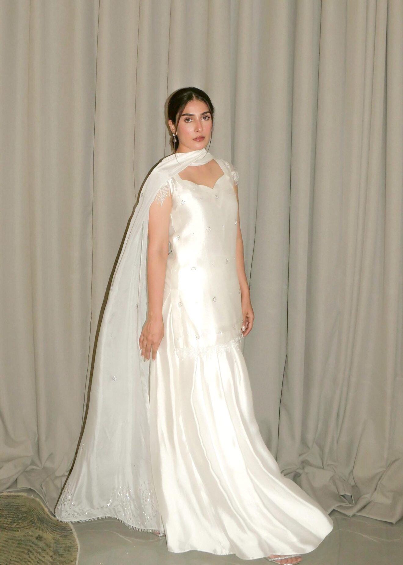 White Butter Silk Pakistani Outfit, Mirror Work Indian Dress, 3pc