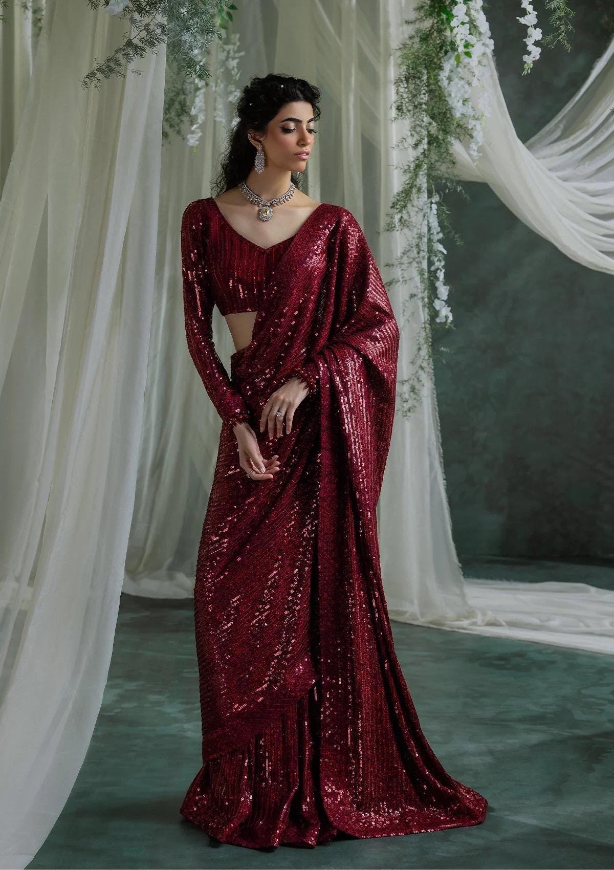 Maroon Sequin Saree with stitched Blouse: Indian saree, pakistani reception outfit