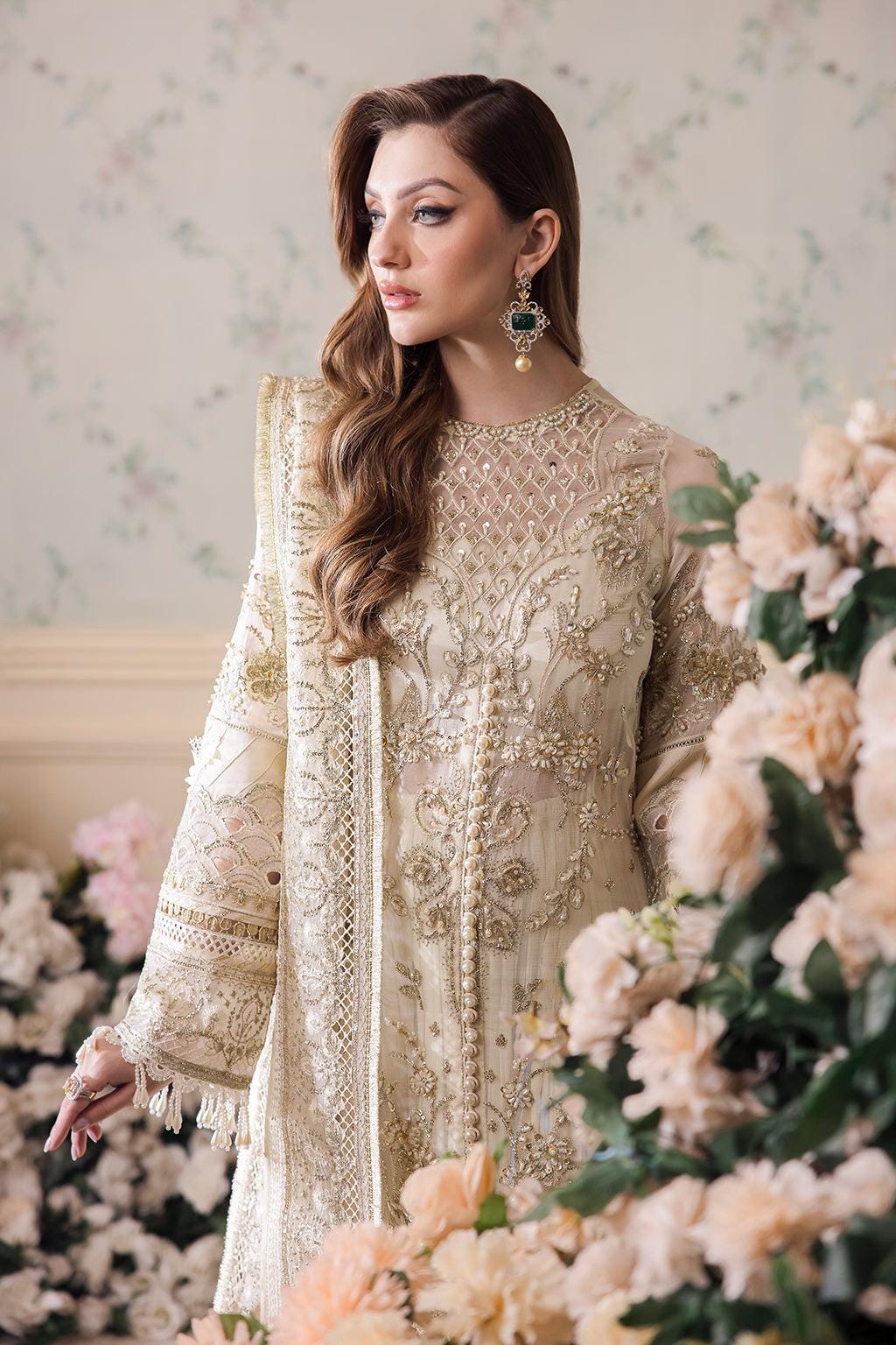 Ivory Chiffon Pakistani Dress, 3pc Embroidered Wedding Guest Outfit