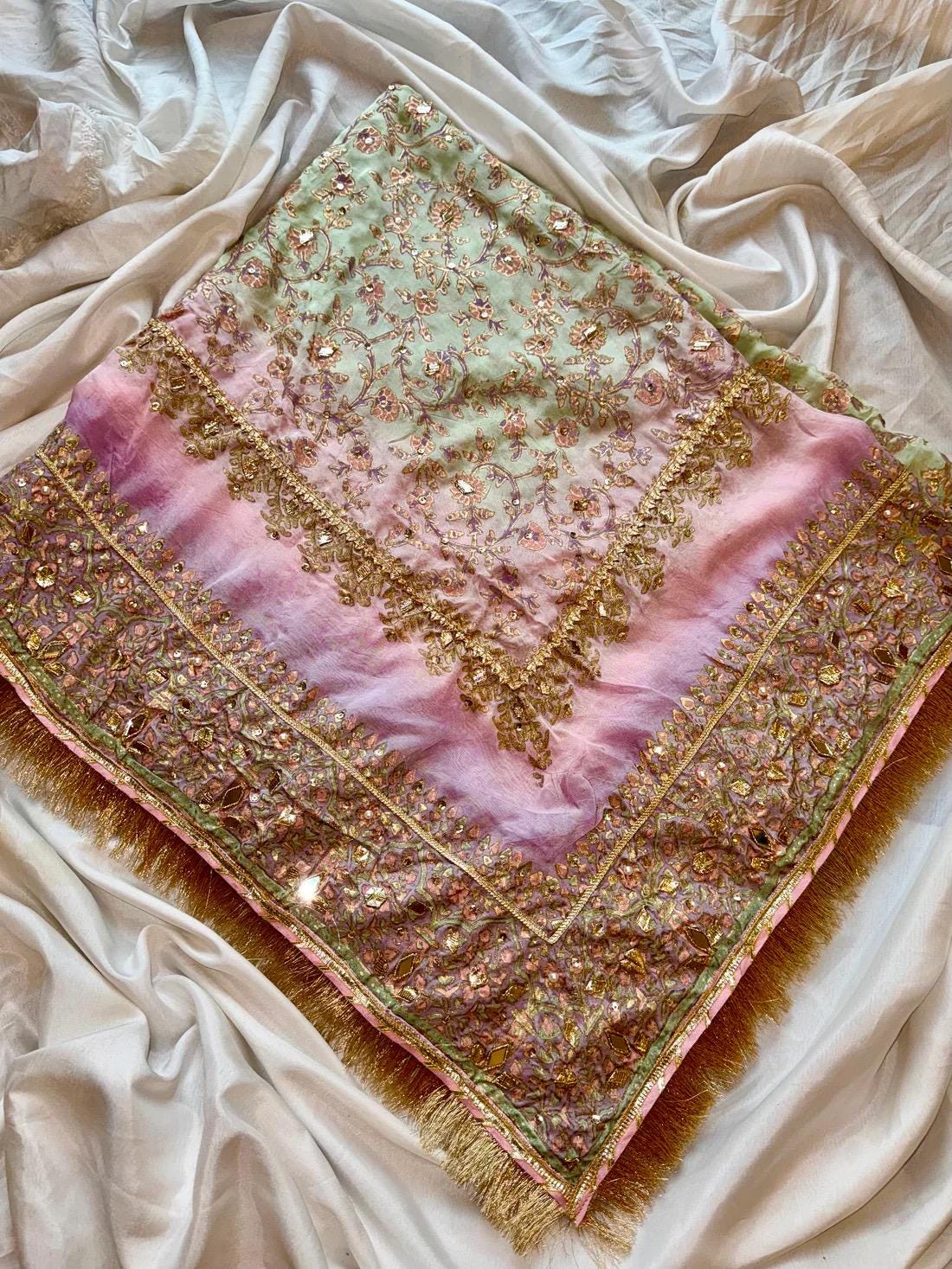 Hand-Embroidered Pastel Silk Dupatta: Gold Lace Indian Shawl
