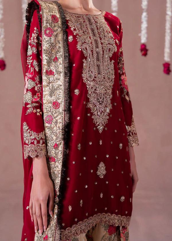 Embroidered Silk Shalwar Suit, Red Farshi Dress, Organza Dupatta