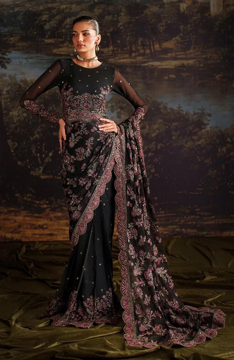 Black Sequins Embroidered Saree: Indian Party Wear, Matching Blouse