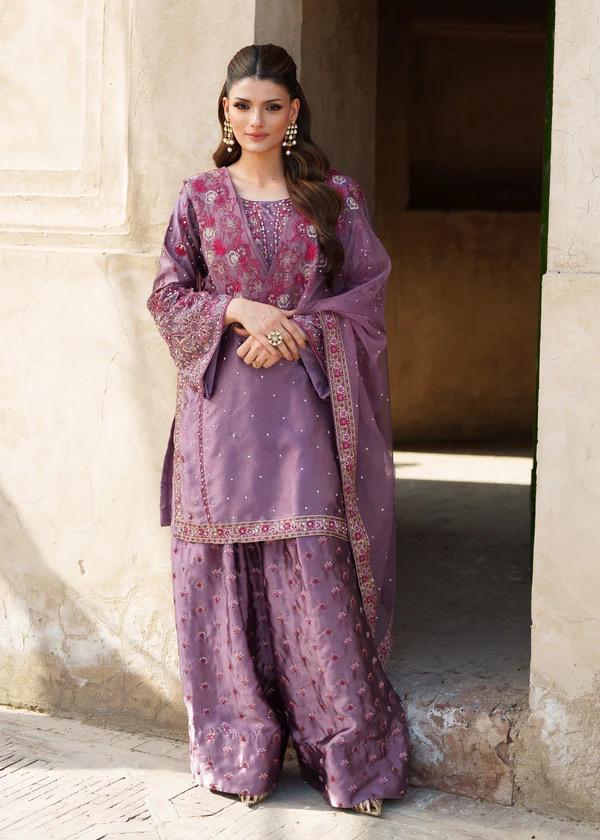 Kamdani Silk Punjabi Suit purple Short Kurta, Trouser & Dupatta
