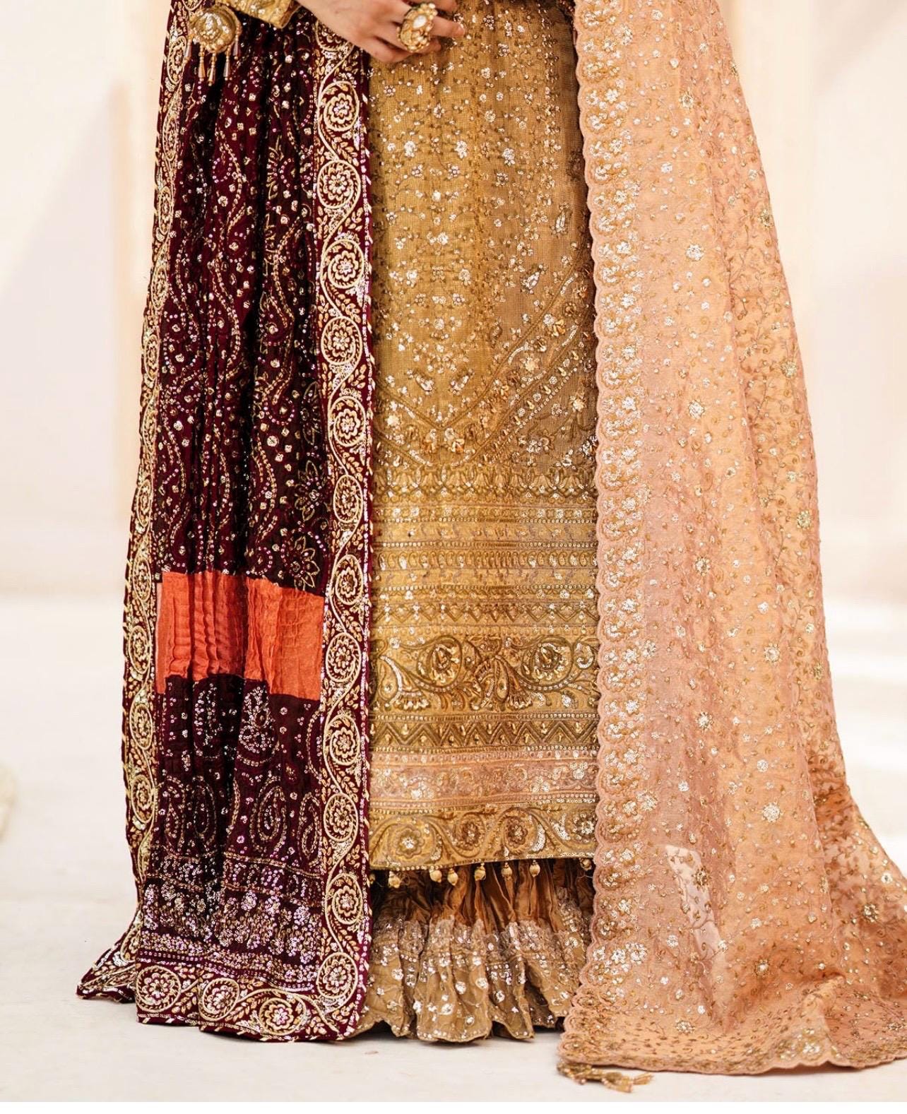 Maroon Kamdani Bridal Dupatta: Pakistani Gold Shawl