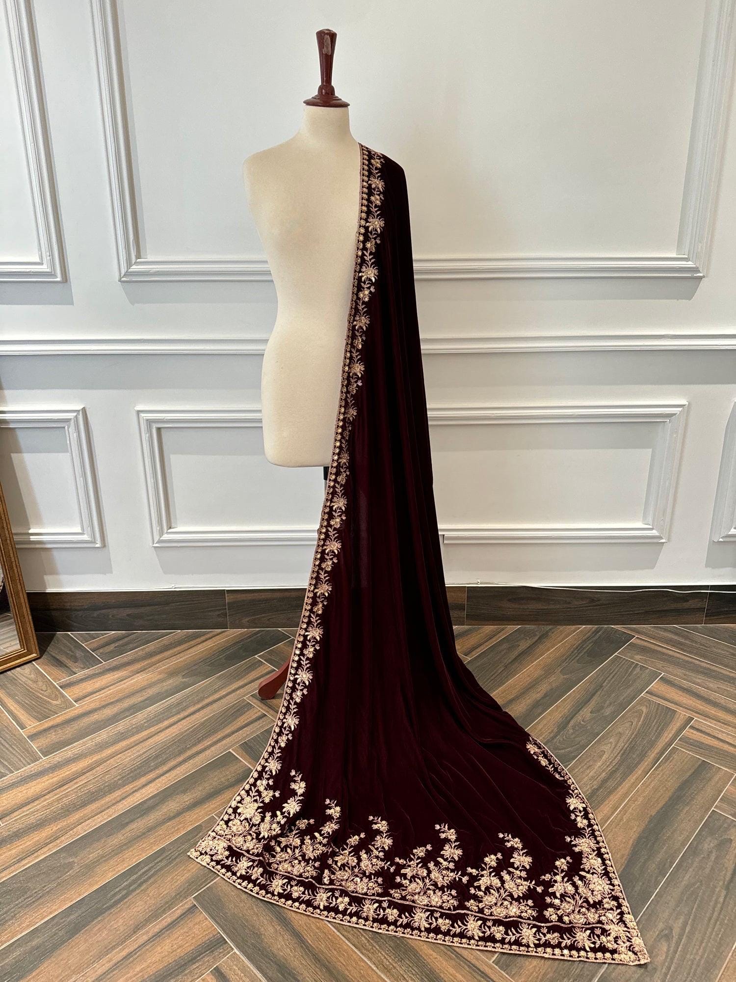Maroon Velvet Indian Bridal Shawl | Tila Embroidered Tree Design