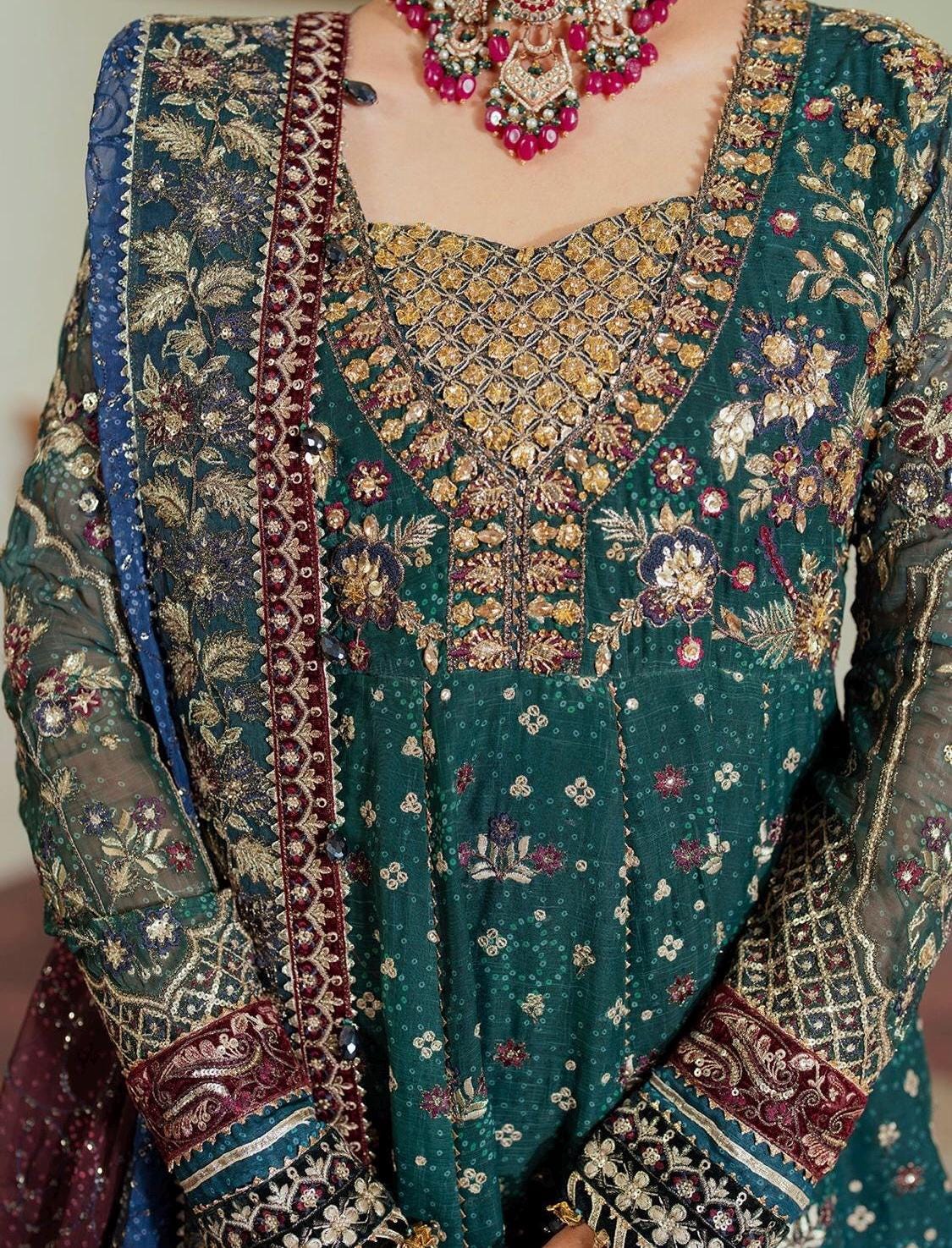 Blue Chiffon Pakistani Gown | Embroidered Dupatta, Silk Trouser