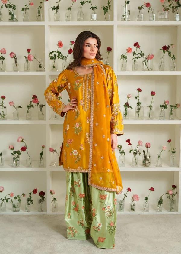 Embroidered Silk Farshi Shalwar Suit, Chiffon Dupatta, Potli Bag