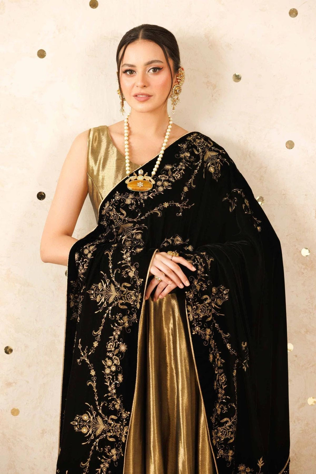 Black Velvet Shawl – Gold Sequins & Tila Embroidery, Formal Occasion