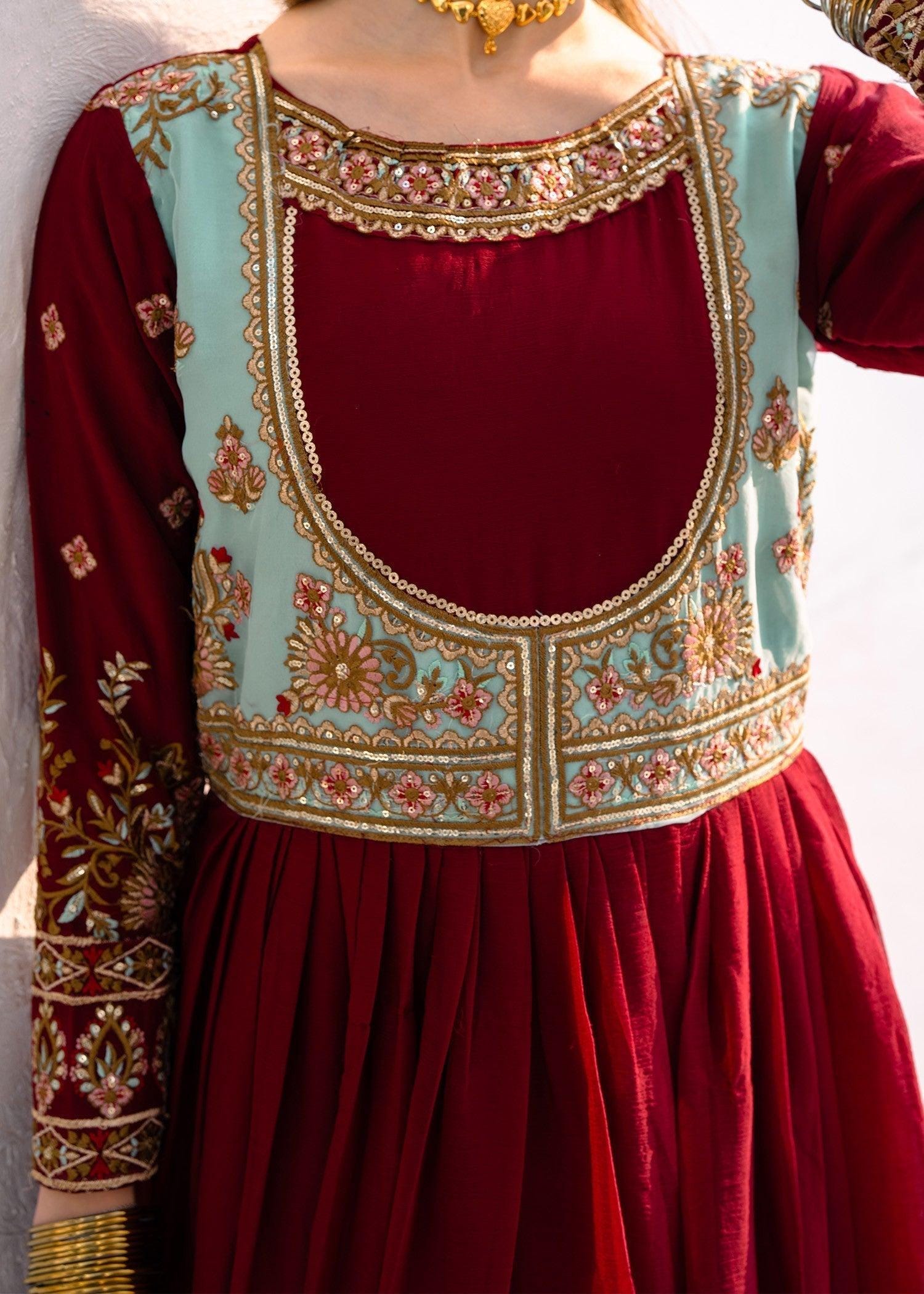 Maroon Chiffon Anarkali Suit, Embroidered Punjabi Dress, 3-Piece