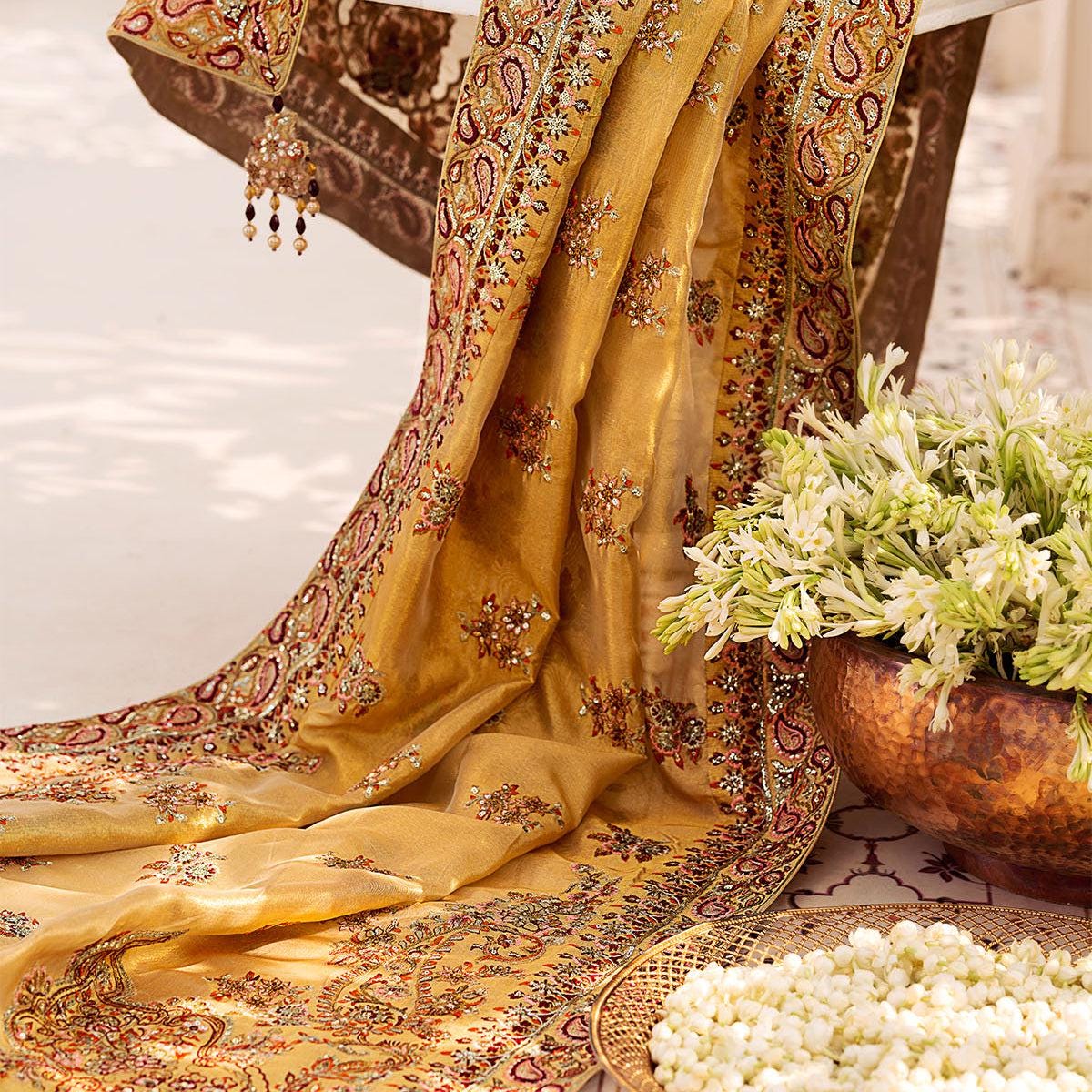 Gold Indian Silk Kamdani Bridal Shawl