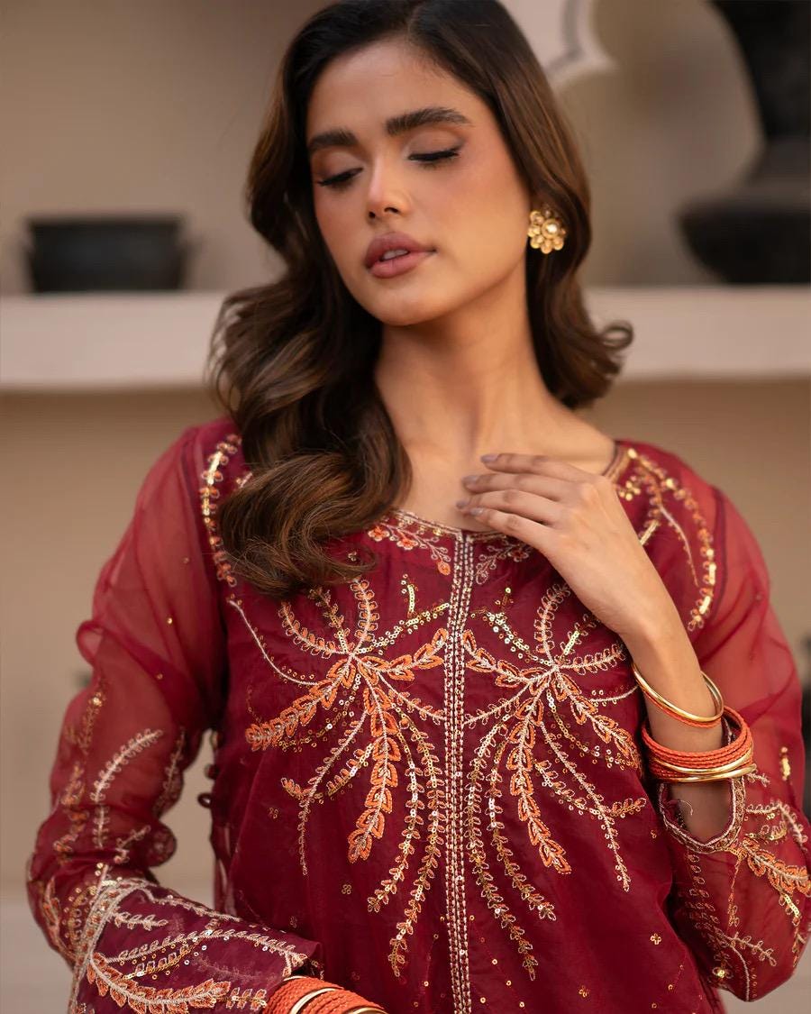red shirt and phiswas duppata  Pakistani organza dress: Embroidered Net Frock, Silk Trousers