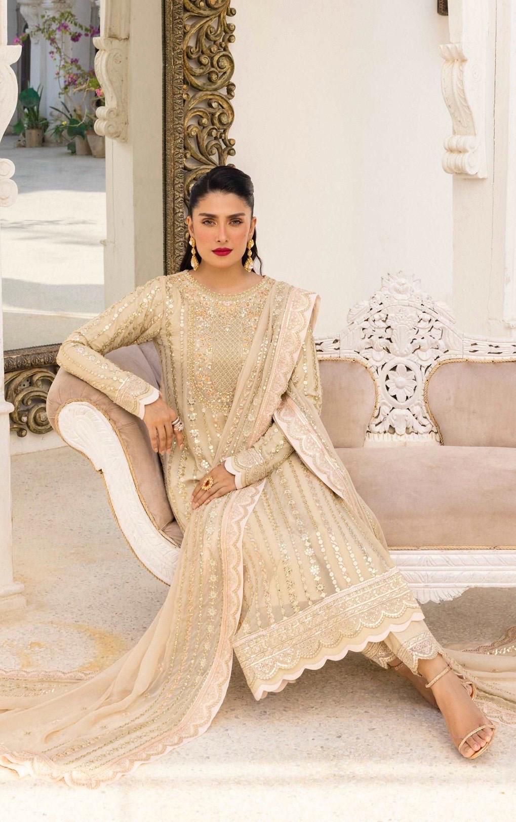 Gold Embroidered Chiffon Pakistani Suit, 3pc Shalwar Kameez