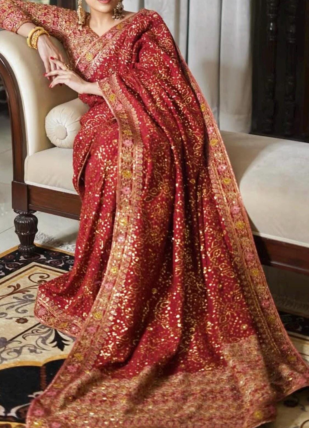 Embroidered Maroon Silk Bridal Saree, Indian Wedding