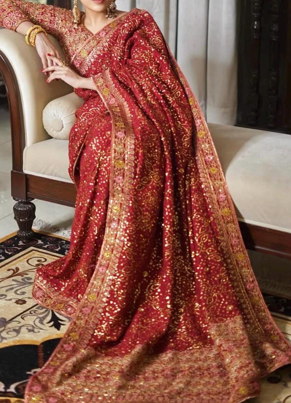 Embroidered Maroon Silk Bridal Saree, Indian Wedding