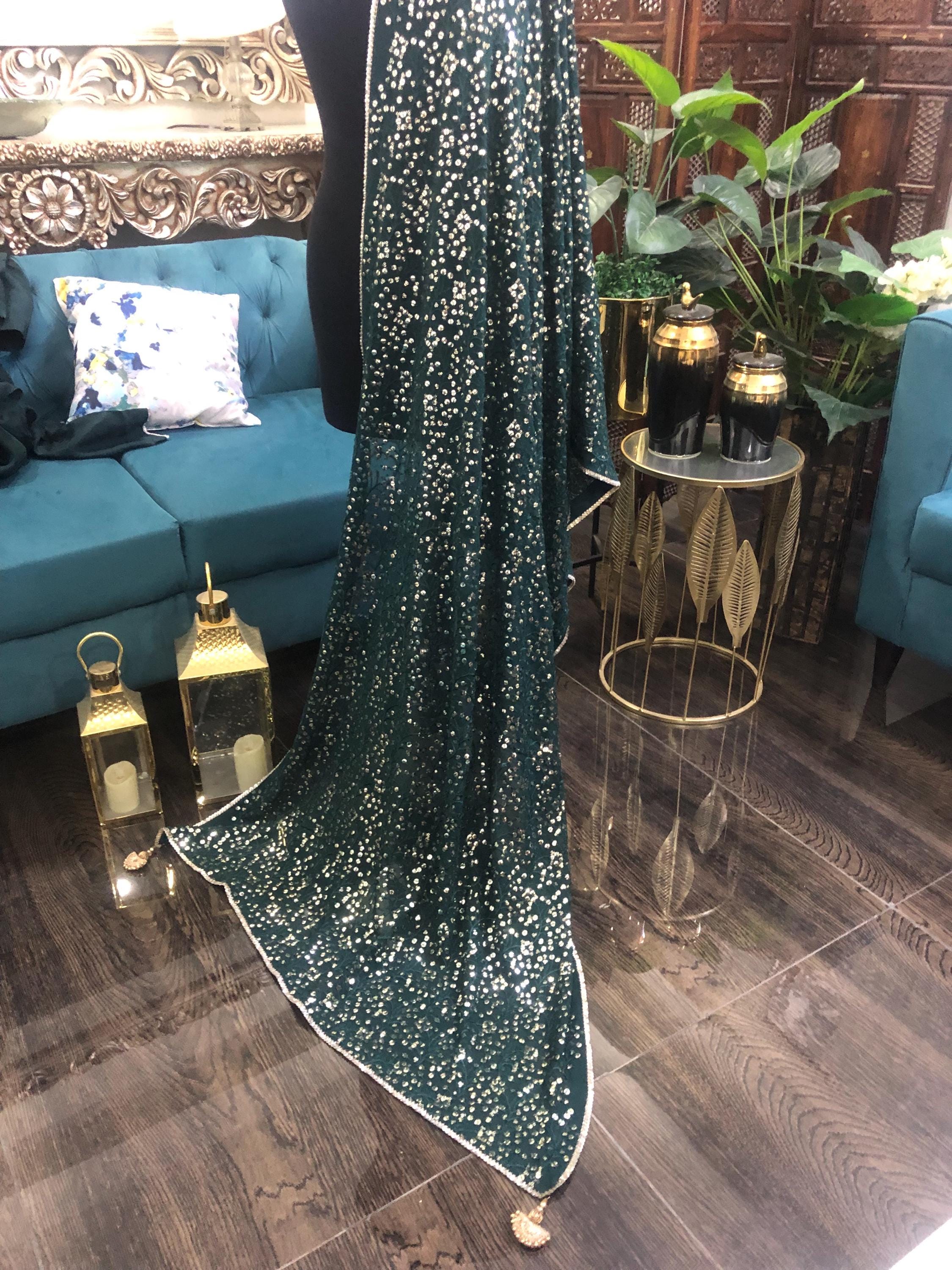 Green Sequin Dupatta: Chiffon Shawl, Embroidered Bridal Mayun