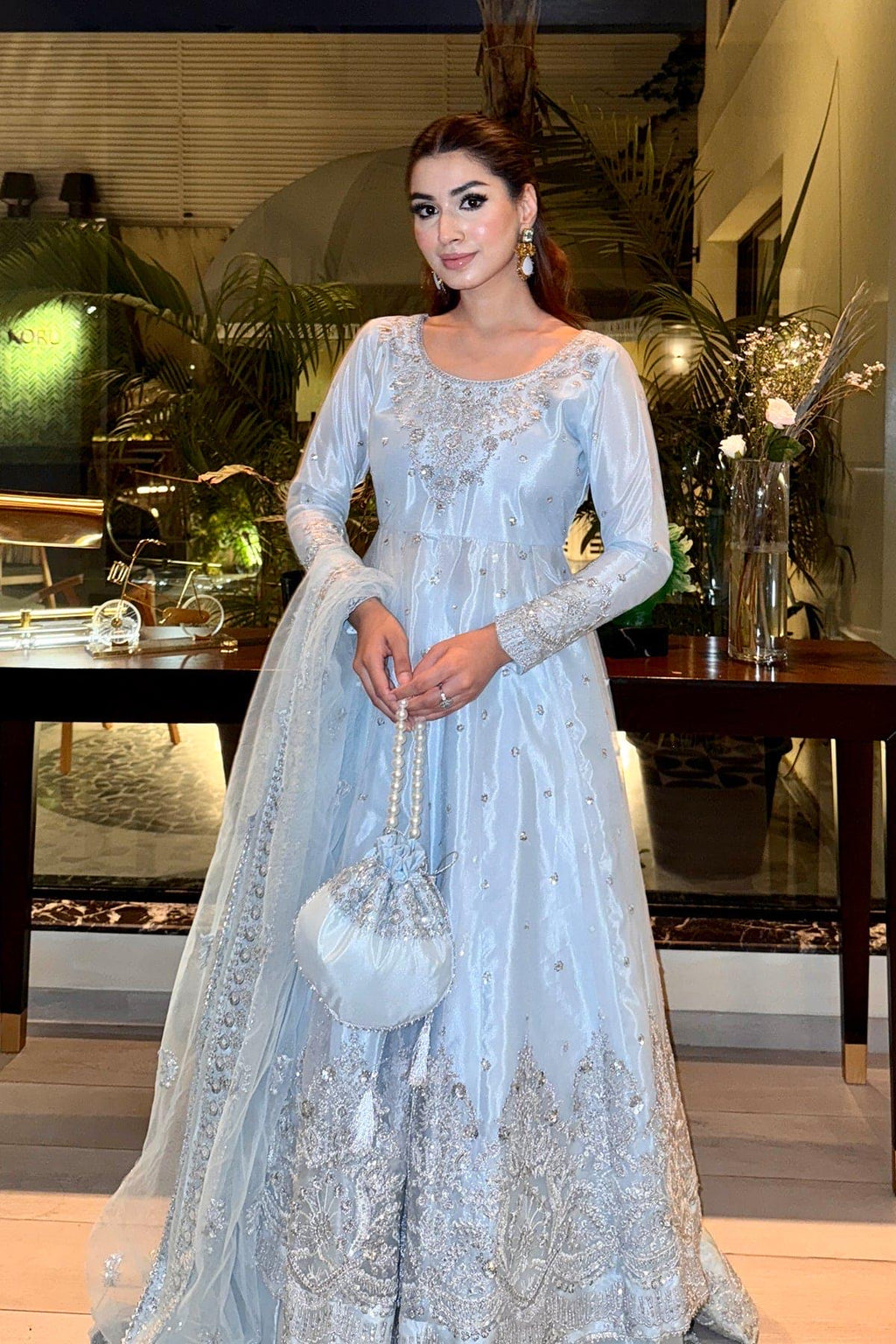 Embroidered Net Frock, Sky Blue Pakistani Maxi Dress, Lengha India