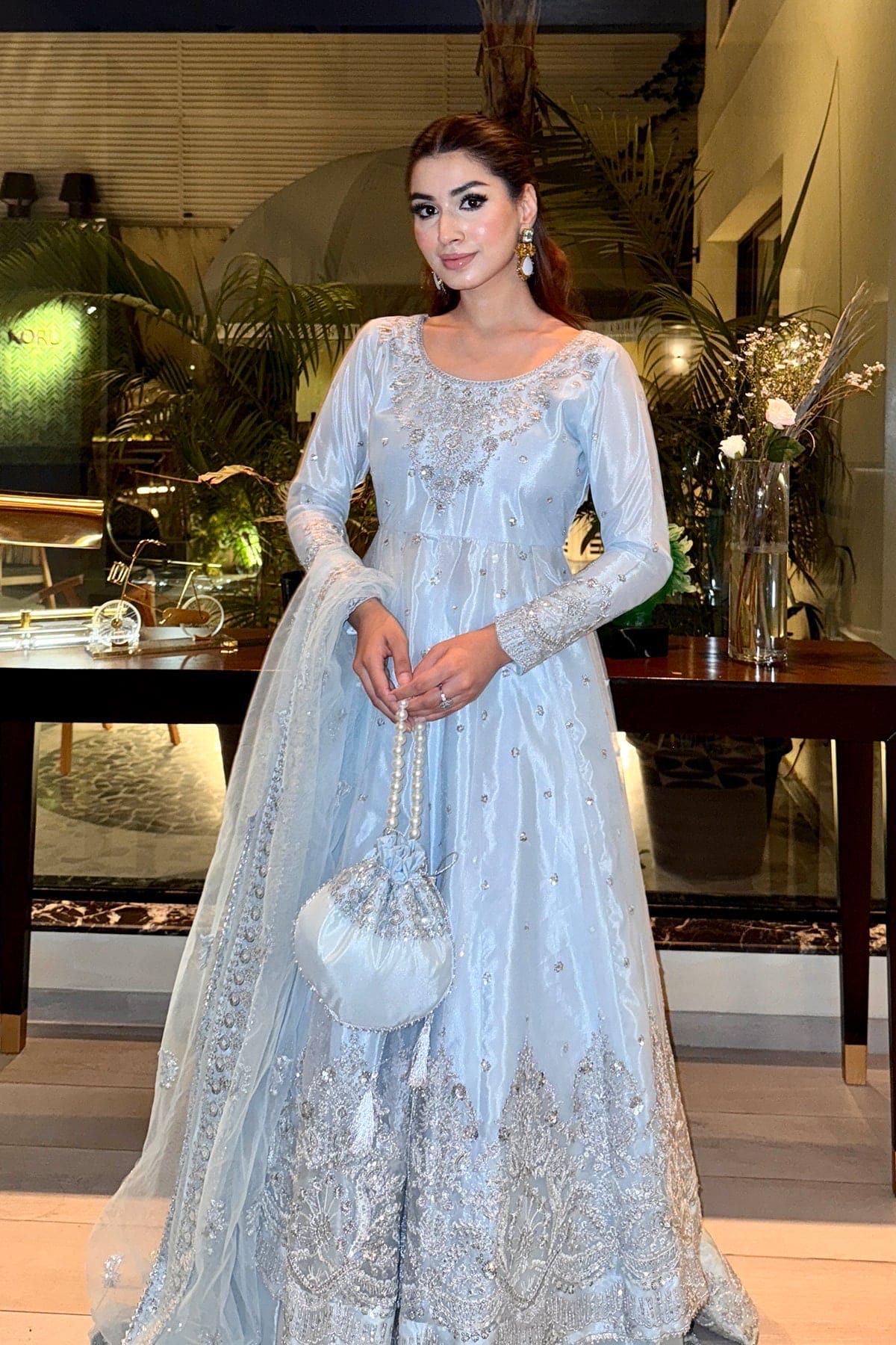 Embroidered Net Frock, Sky Blue Pakistani Maxi Dress, Lengha India