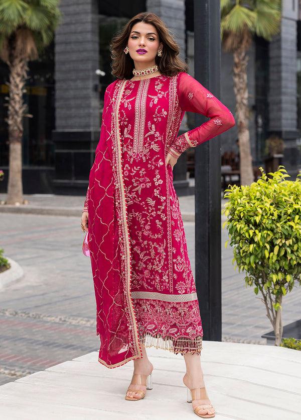 Red Embroidered Chiffon Pakistani Suit, 3 Piece