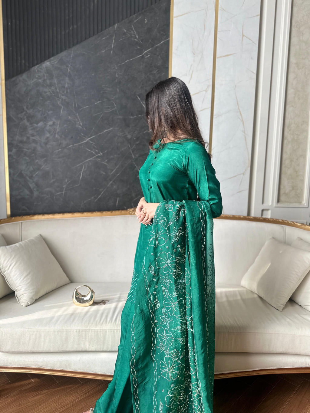 Green Russian Silk Salwar Kameez Suit, Festive Wedding Wear
