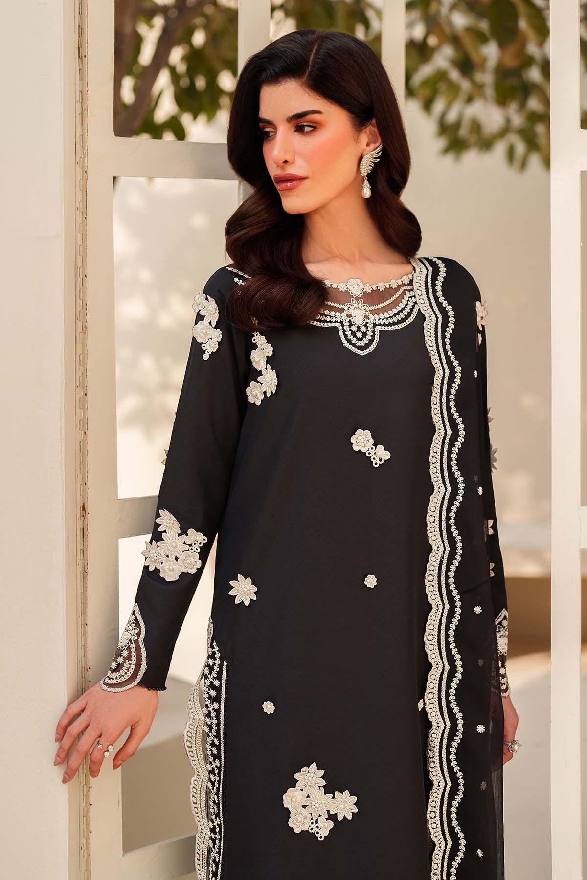 black pakistani Embroidered Silk Shalwar  3pc Suit, 3D Floral Pakistani Dress with Dupatta