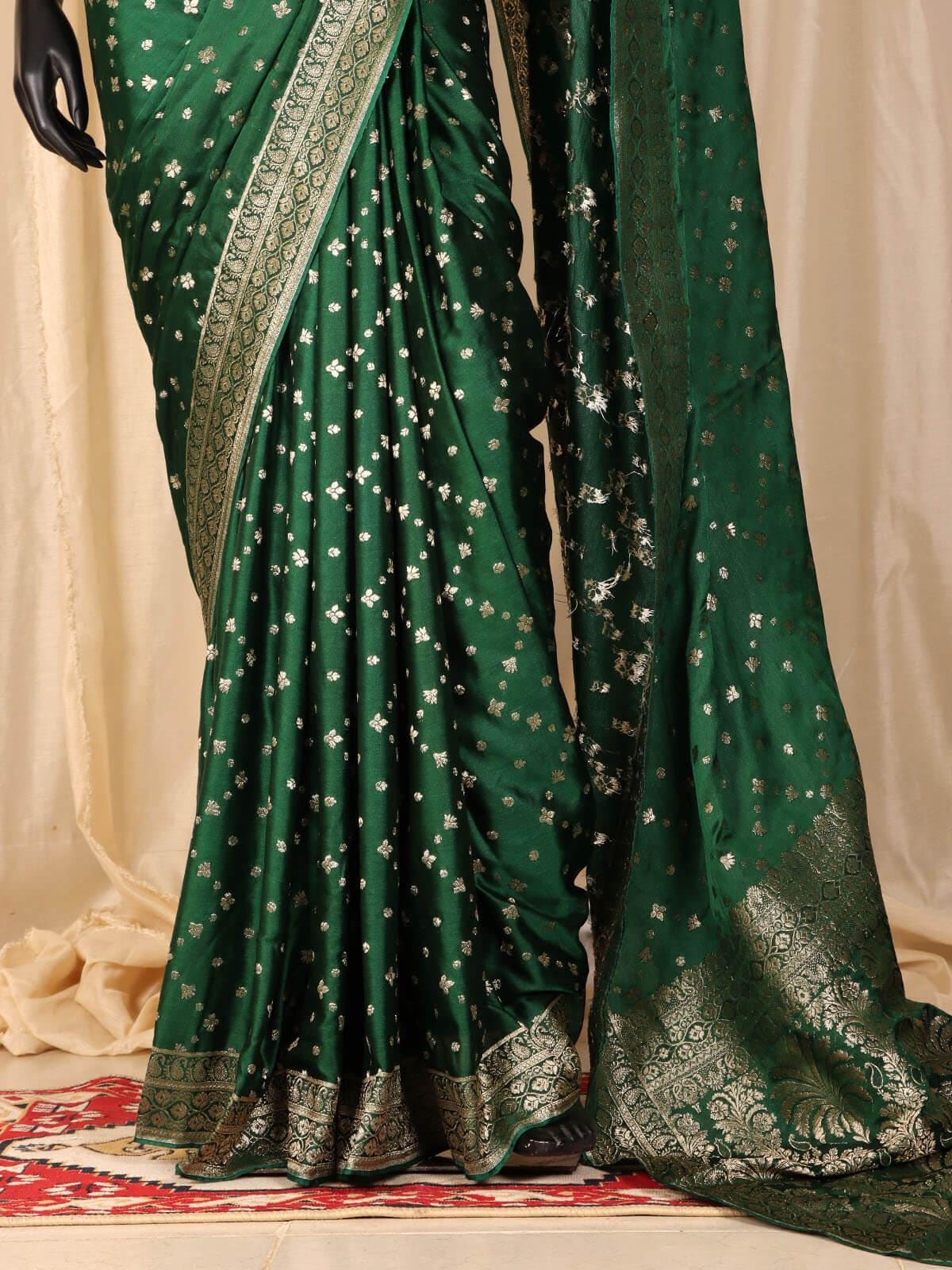 Bottle Green Banarasi Silk Saree, Jaal Pattern, Floral Border