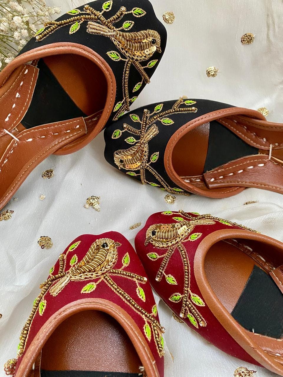 Handmade Red Bridal Khussa: Embroidered Bird Jutti Shoes