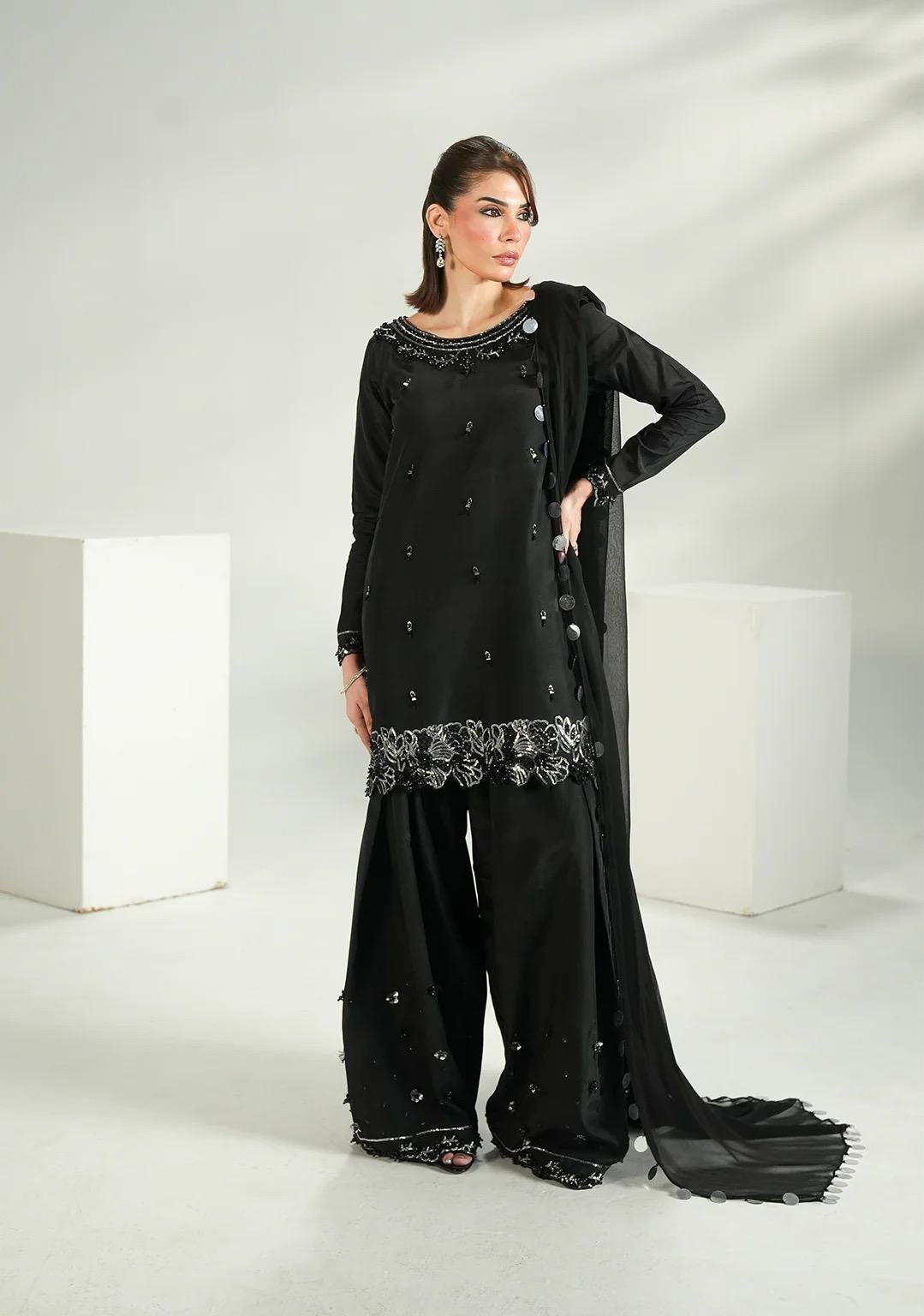 Embroidered Black Silk Farshi Shalwar Kameez: Indian Wedding Outfit with Chiffon Dupatta