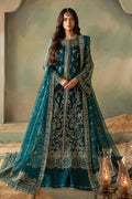 Embroidered Organza Pakistani Bridal Suit: Teal Green 3pc Shalwar Kameez
