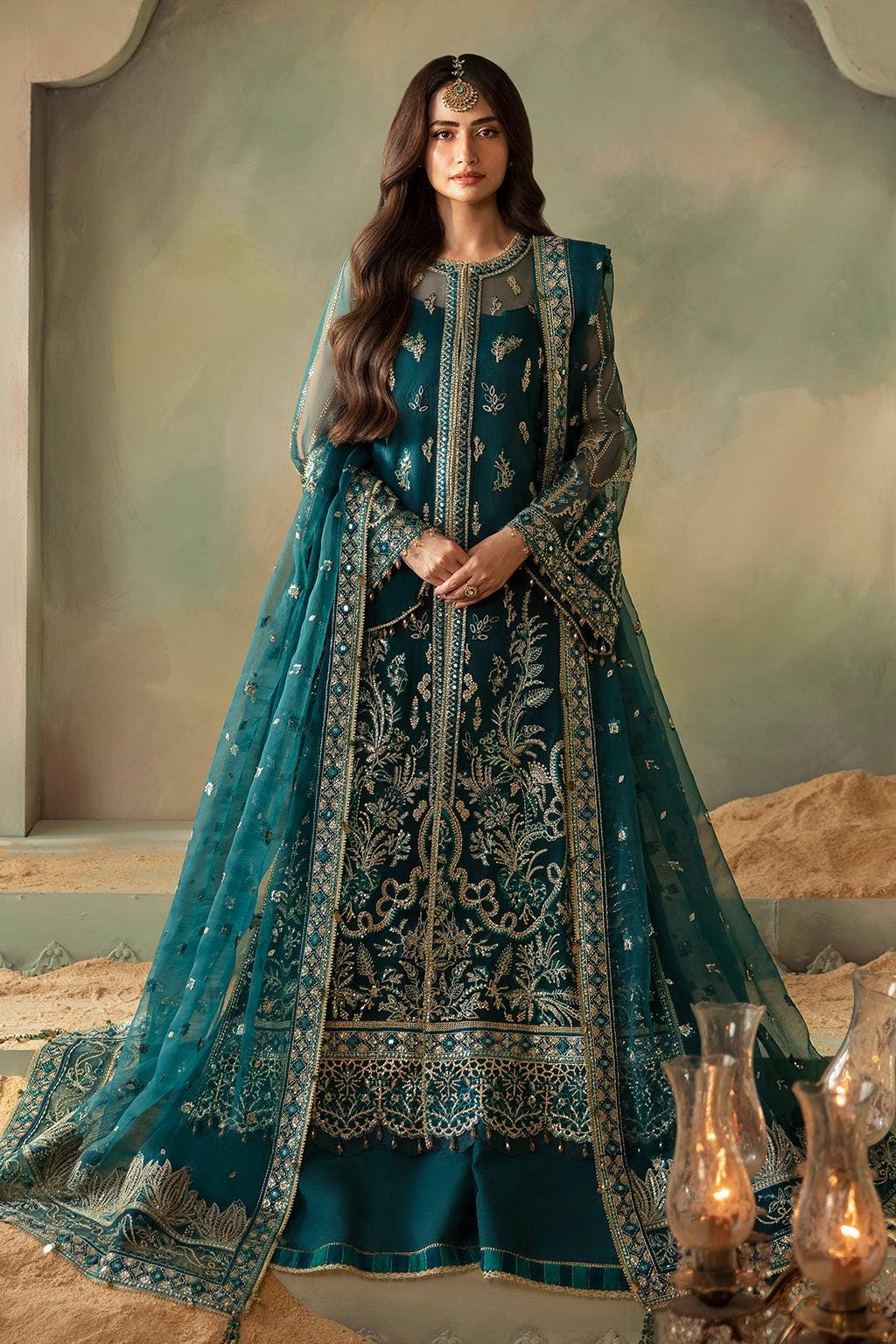 Embroidered Organza Pakistani Bridal Suit: Teal Green 3pc Shalwar Kameez