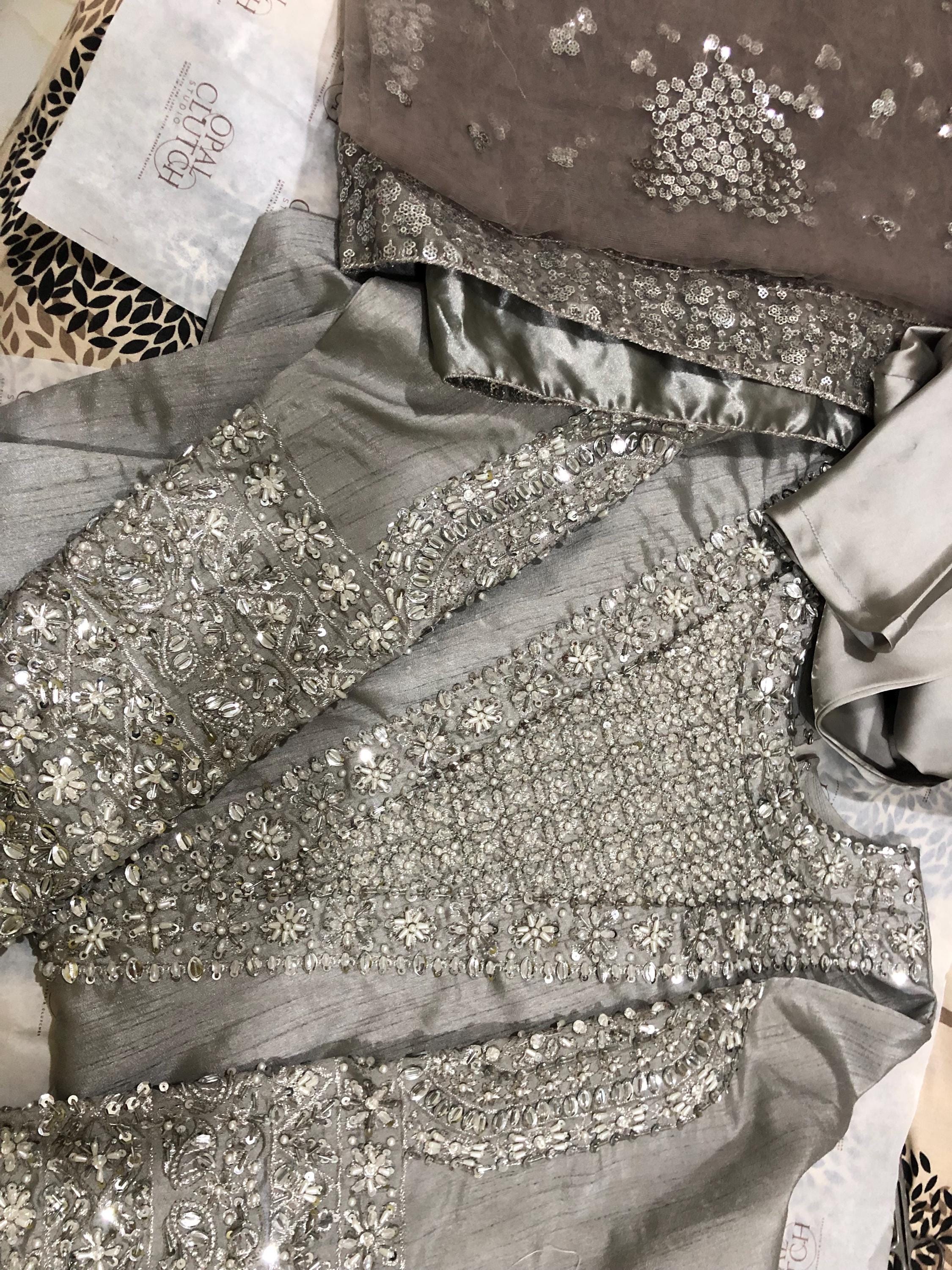 Grey Silk Salwar Kameez Suit, Embroidered Indian Wedding Dress