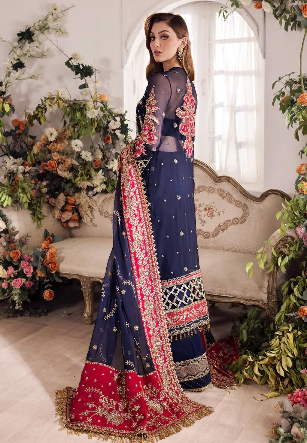 Blue Pakistani Bridal Guest Suit: Embroidered Chiffon 3pc Dress
