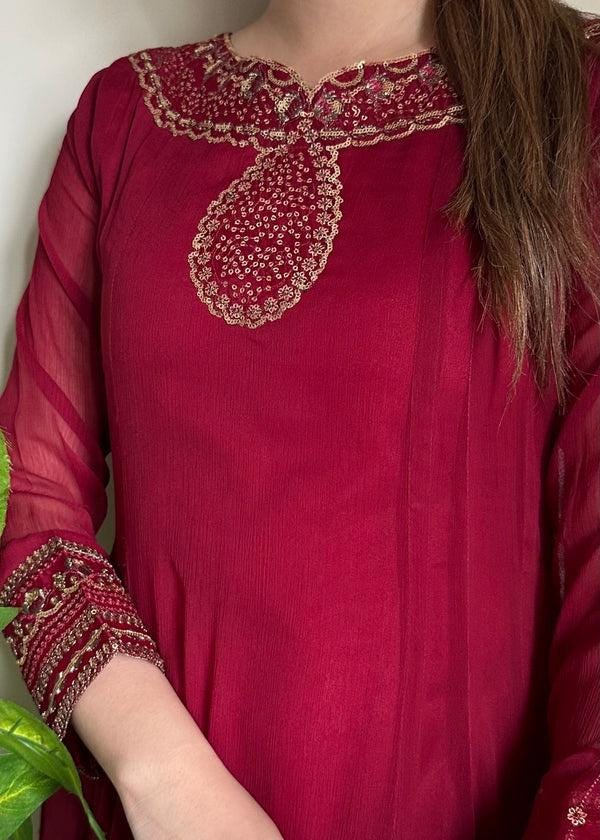 4 Piece Embroidered Chiffon Maxi Dress - With Kattan Silk Trousers and a Stylish Potli Bag