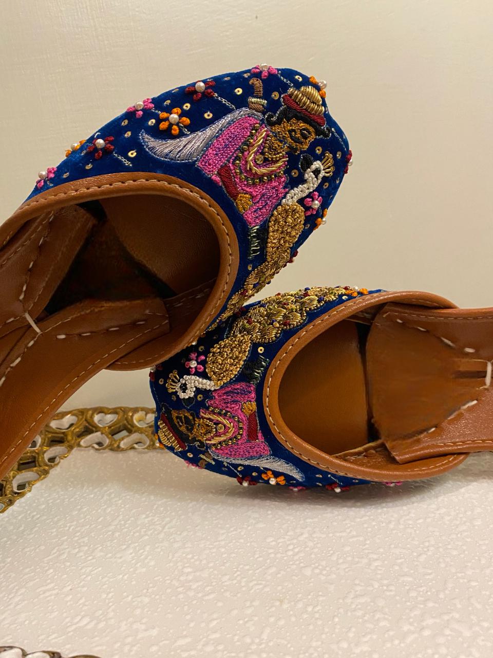 Handmade Muglai Blue Velvet Jutti Flats, Indian Wedding Shoes