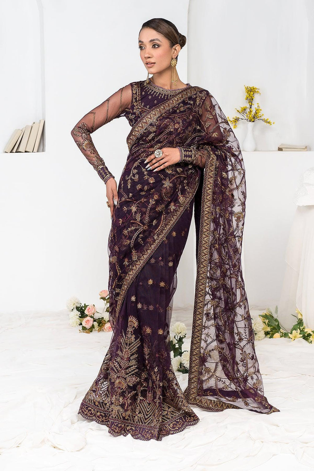 Plum indian fancy lace net Sequin Embroidered Saree with Blouse