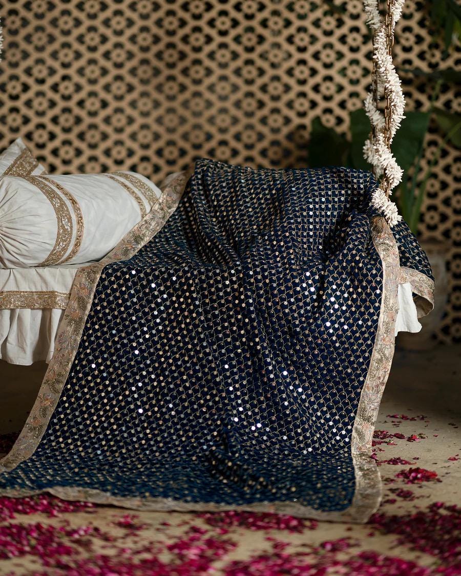 Zinc Velvet Bridal Shawl – Silver Sequins, Embroidered Border