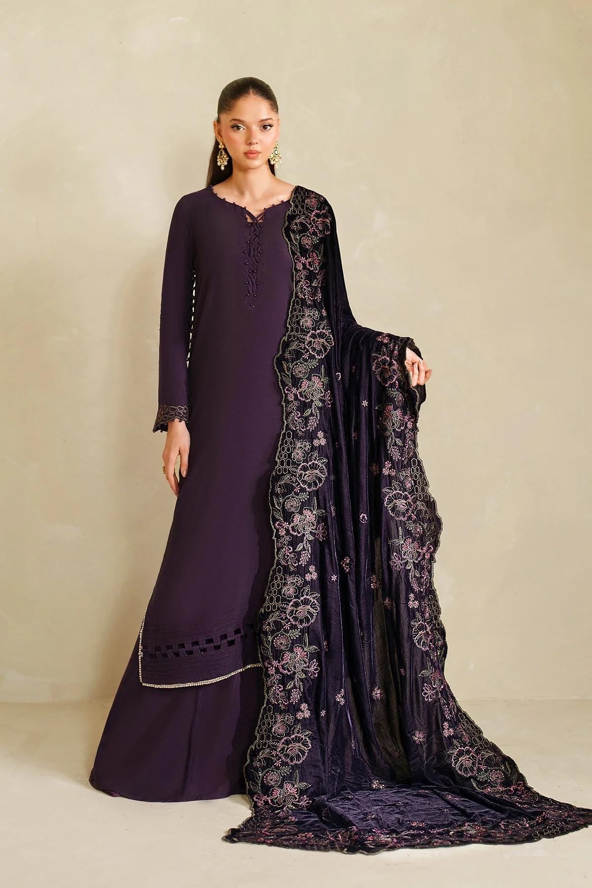 Plum Velvet Bridal Shawl, Sequins Embroidered, Kashmiri Style