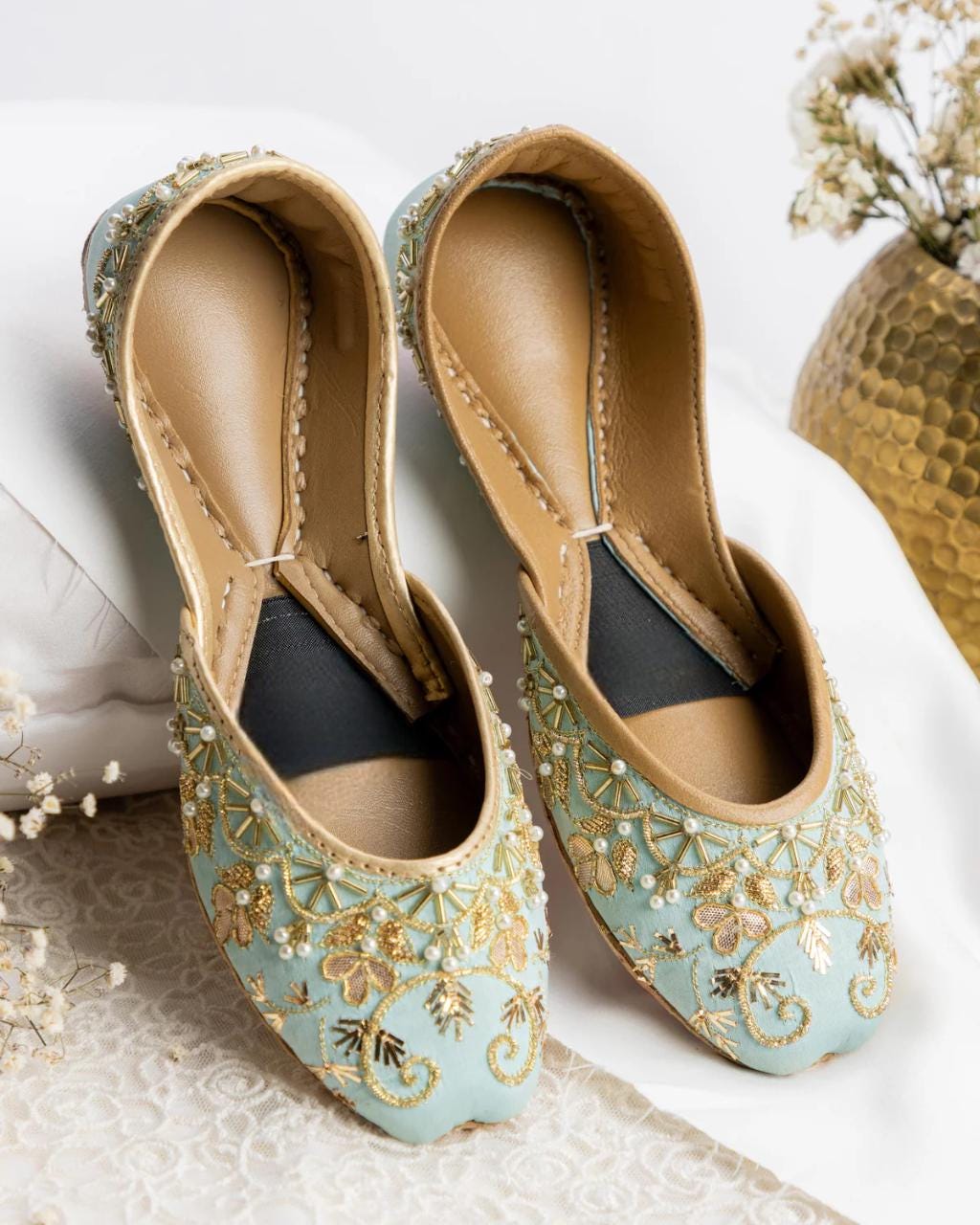 Handmade Sea Blue Silk Jutti: Embroidered Punjabi Mojari Flats