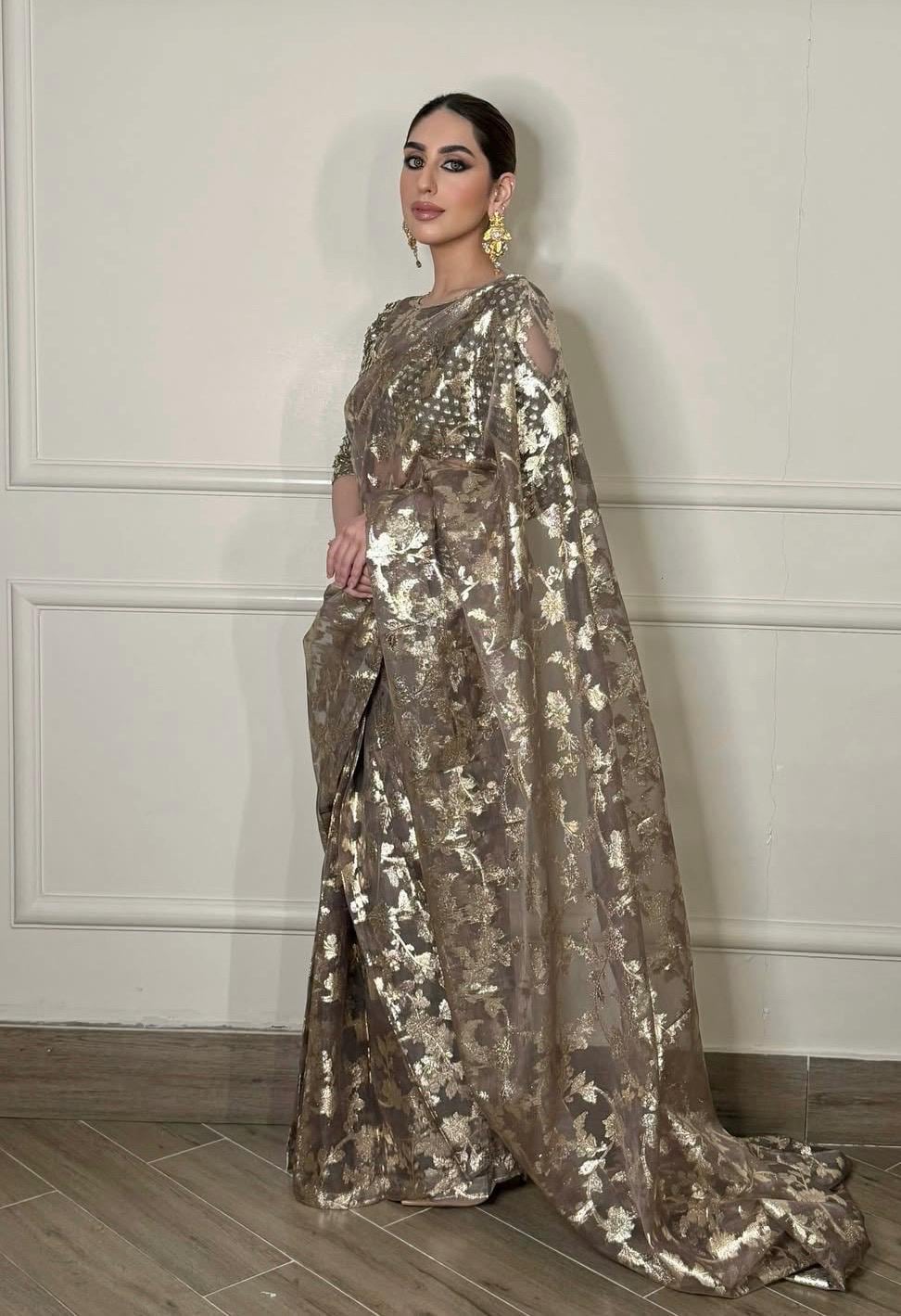 Indian Wedding Saree, Brown & Gold Sequins Embroidered Net Saree