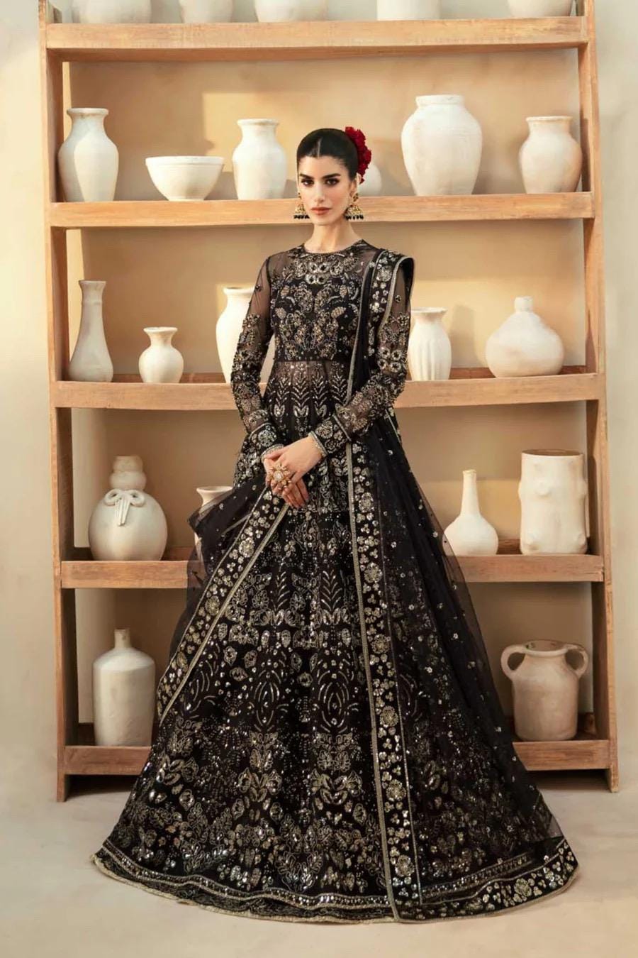 Black Sequin Pakistani Wedding Dress: Hand-Embroidered Bridal Gown