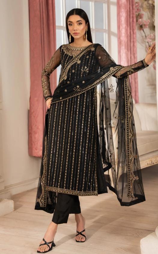 Embroidered Net Shirt & Raw Silk Trouser: Indian Formal Dress